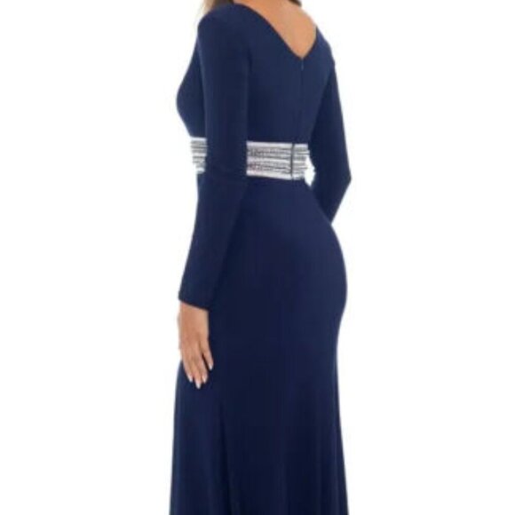 Xscape Navy Blue Rhinestone Embellished Long Sleeve Gown - Picture 3 of 5